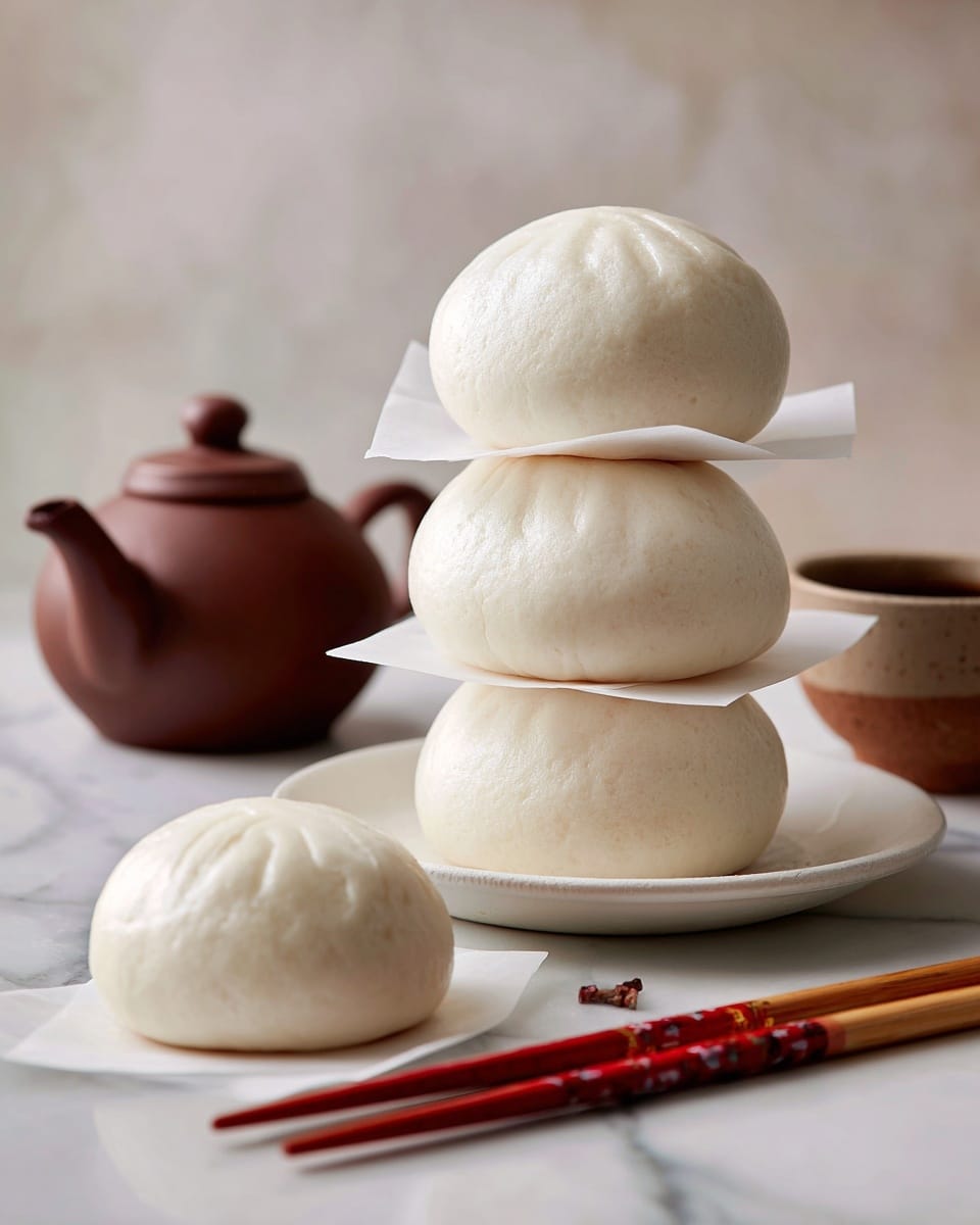A stack of three soft, white steamed buns is placed on a white plate with three layers of thin white paper between each bun, creating a neat, tall pile in the center of the image. Another single steamed bun rests in front on a small square piece of white paper, showcasing its smooth, round shape and pale, slightly shiny surface. The scene includes a brown teapot and a pair of wooden chopsticks with red tips beside the buns, all set on a white marbled textured background. Photo taken with an iphone --ar 4:5 --v 7