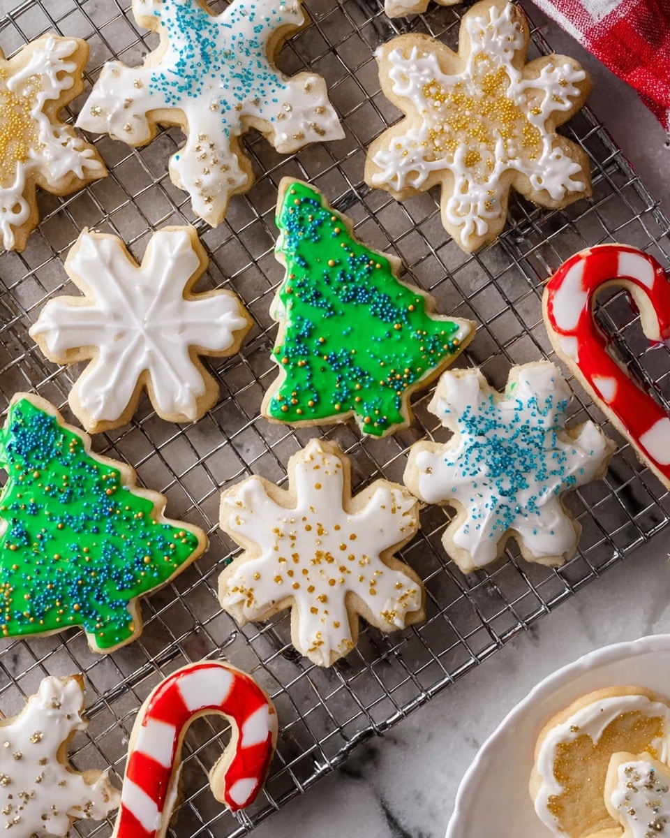 The image shows a variety of Christmas-themed sugar cookies on a metal cooling rack placed over a white marbled texture. There are snowflake-shaped cookies with smooth white icing and small white sugar crystals sprinkled on top, star-shaped cookies covered with white icing and gold sugar crystals, and Christmas tree-shaped cookies decorated with bright green icing and blue sugar sprinkles, each topped with a small yellow star at the tip. A candy cane cookie with red and white striped icing is also visible. The edges of the cookies have a golden-baked look, and part of a white plate holding some cookies appears in the lower right corner. photo taken with an iphone --ar 4:5 --v 7