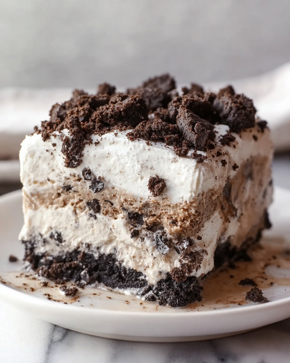 A rectangular dessert in a clear glass dish has three visible layers. The bottom layer is light brown, smooth, and dense. The middle layer is white and creamy. The top layer is thick white whipped cream with many small and large pieces of dark brown chocolate cookies scattered all over it. The dish sits on a white marbled texture. Photo taken with an iphone --ar 4:5 --v 7
