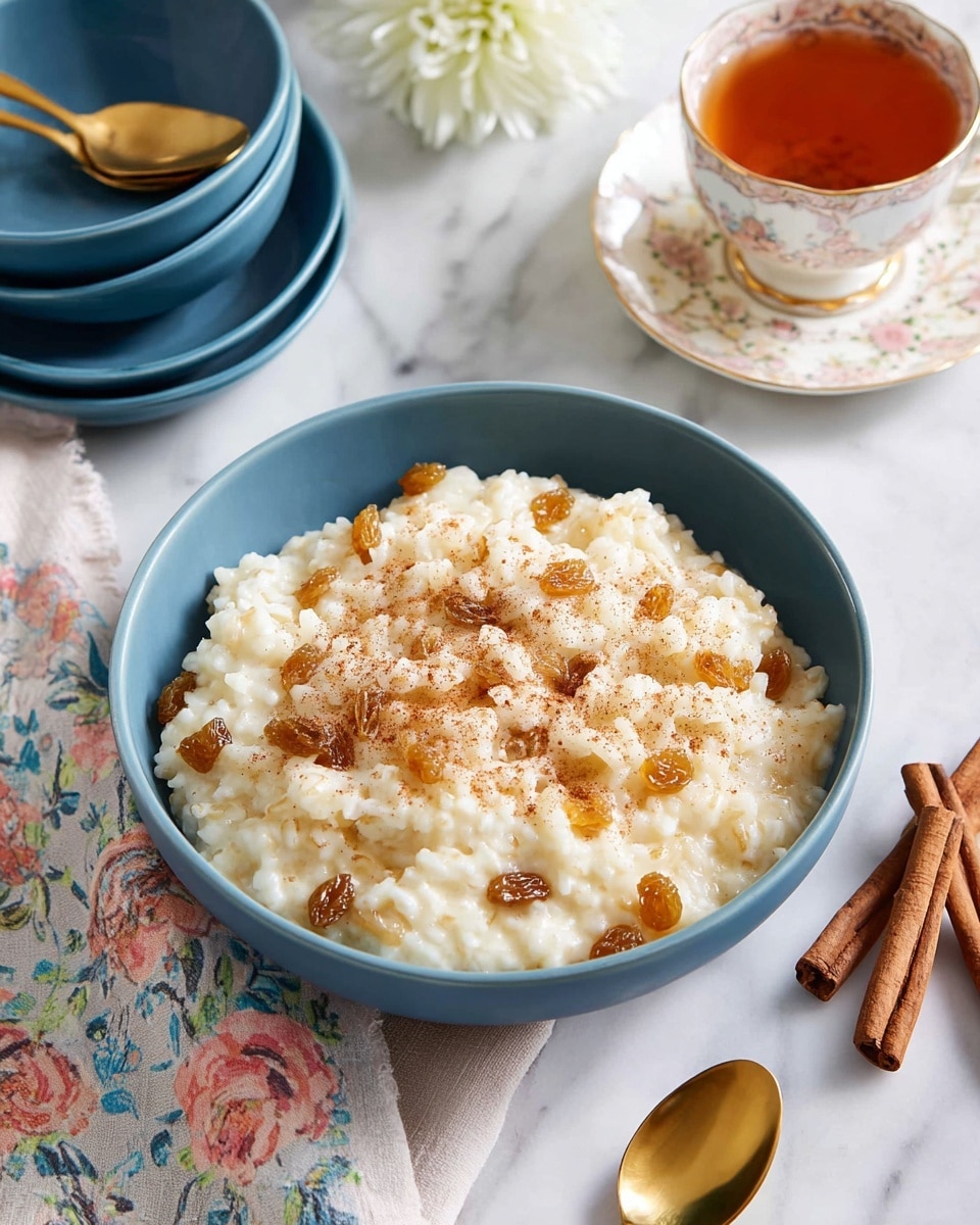 A close-up view of a creamy rice pudding served in a white bowl, filled to the top with soft, plump white rice grains coated in a thick, milky sauce with a smooth texture. The pudding has small, scattered golden-brown raisins mixed throughout, adding small pops of color. On top, there is a light dusting of brown cinnamon powder that contrasts gently with the creaminess. A gold and white spoon is resting inside the bowl near the bottom left corner. The bowl sits on a white marbled surface. photo taken with an iphone --ar 4:5 --v 7