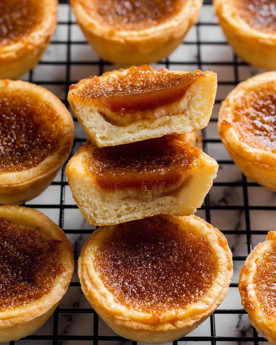 The image shows several small tarts placed on a black cooling rack over a white marbled surface. Each tart has a golden-brown, crispy crust forming a round cup shape, filled with a glossy, smooth, dark caramel-colored filling that looks slightly bubbly on the surface. One tart is cut in half and stacked in the center, showing the thick, jelly-like filling inside and the soft, flaky texture of the crust edges. The lighting highlights the shiny filling and the delicate crust texture, giving the tarts a fresh, just-baked look. photo taken with an iphone --ar 4:5 --v 7