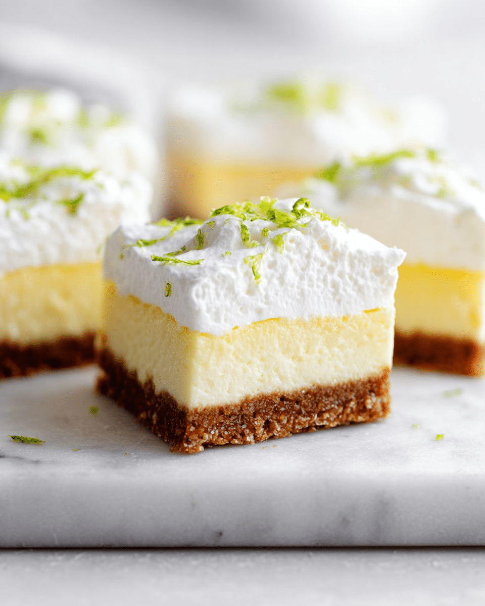 The image shows square dessert slices with three distinct layers on a white marbled surface. The bottom layer is a brown crumbly crust, the middle layer is a smooth, thick, pale yellow filling, and the top layer is a fluffy white whipped cream with small bright green lime zest scattered on top. The dessert looks soft and creamy with a clean cut, and the light background enhances the fresh and bright appearance of the slices. photo taken with an iphone --ar 4:5 --v 7