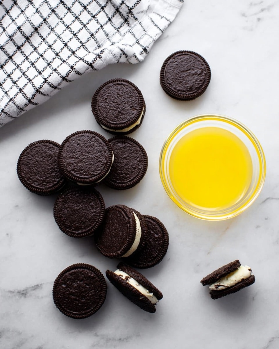 A group of dark chocolate sandwich cookies with cream filling, some whole and some broken into halves, arranged on a white marbled surface. Next to the cookies is a small clear glass bowl filled with bright yellow melted butter. A folded black and white checkered cloth lies partially in the top left corner. The image has a clean and simple look with soft natural light. photo taken with an iphone --ar 4:5 --v 7
