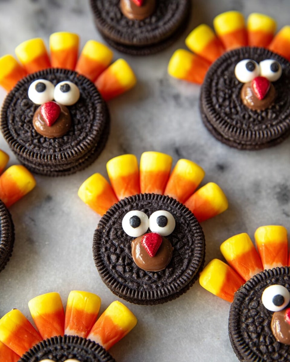 The image shows several turkey-shaped treats made from layers of Oreo cookies, mini peanut butter cups, candy eyes, red candy pieces, and candy corn. Each treat has a base layer of one dark brown Oreo cookie with its detailed pattern visible, positioned flat. On top of the Oreo near the bottom center, there is a mini peanut butter cup with a smooth, glossy brown surface, acting as the turkey’s face. Two white candy eyes with black centers are placed on the peanut butter cup. A small, shiny, red candy piece is positioned below the eyes to form the turkey’s beak. Behind the Oreo cookie, fanned out like feathers, are five candy corn pieces with bright, smooth, orange, yellow, and white layers arranged evenly in a semi-circle. All the treats sit on a white marbled surface which gives a clean, bright background. The photo taken with an iphone --ar 4:5 --v 7