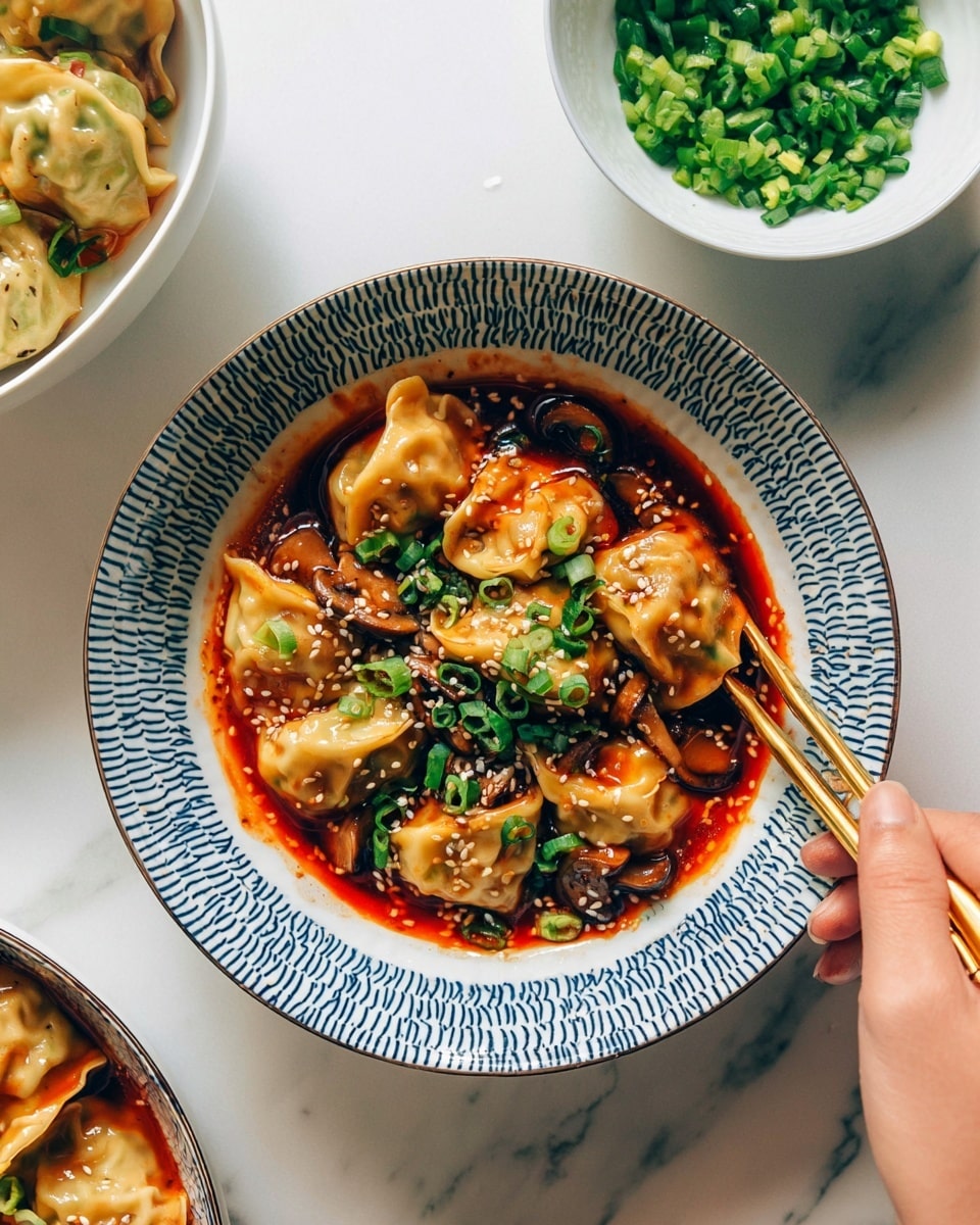 A white bowl with a blue geometric pattern holds a single layer of dumplings covered in a shiny, rich red sauce. The dumplings are light yellow and look soft with a slightly wrinkled, smooth texture. They are scattered with chopped green onions and white sesame seeds on top. The sauce pools beneath them and contains visible sliced mushrooms with a smooth brown color and curved shapes. A woman's hand holding gold chopsticks is gently touching the bowl's edge. Nearby, a white bowl filled with bright green chopped onions and sesame seeds and another white bowl with more dumplings in sauce are placed on a white marbled surface. Photo taken with an iphone --ar 4:5 --v 7