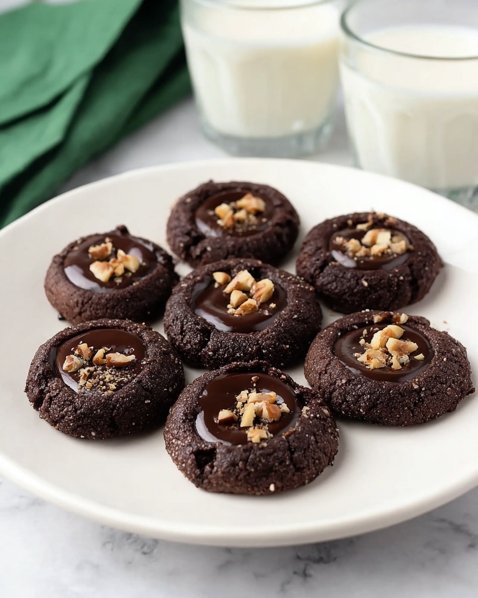 A white plate on a white marbled surface holds seven dark chocolate thumbprint cookies arranged in a circle. Each cookie is thick and round with a rough, crumbly texture, and a smooth, glossy chocolate filling in the center. On top of each filling, there is a sprinkle of chopped nuts that add a light brown contrast to the dark chocolate. Two glasses of milk are placed in the background, one directly behind the plate near a folded green napkin, and the other slightly blurred on the left side of the image. The photo taken with an iphone --ar 4:5 --v 7