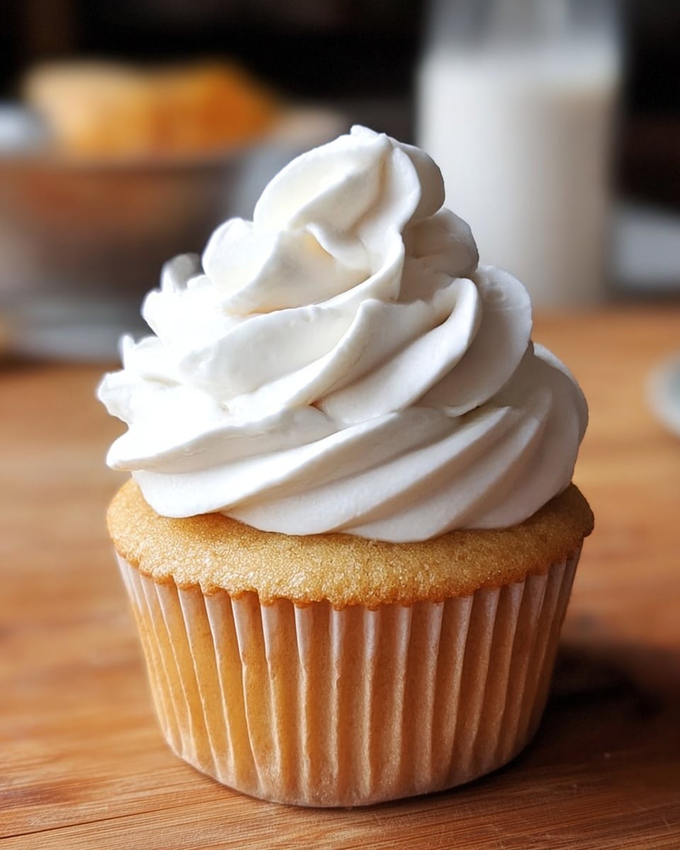 A single cupcake with a light golden-brown cake base, wrapped in a ridged paper liner. On top, there is one thick layer of smooth white frosting, swirled into a tall spiral with soft peaks, creating a fluffy and airy texture. The cupcake is set on a wooden surface with hints of other kitchen items blurred in the background. photo taken with an iphone --ar 4:5 --v 7