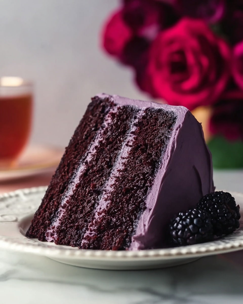 A single slice of dark chocolate cake is shown on a white plate with delicate edges. The cake has three layers: two thick dark brown moist cake layers separated by a layer of smooth purple frosting. The outside of the cake slice is covered with the same purple frosting, which looks creamy and soft. Near the bottom edge of the plate beside the cake, there are two fresh blackberries. The background features a white marbled texture surface, and blurred deep red flowers add color to the back right side. photo taken with an iphone --ar 4:5 --v 7