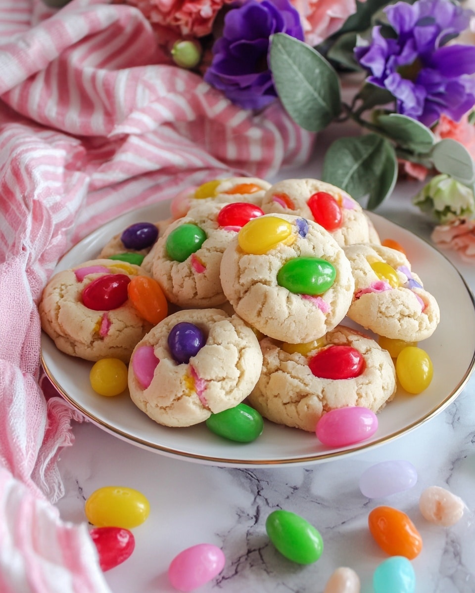 A white plate with a floral pattern holds about fifteen small round cookies, each with a light golden color and cracked surface texture. Each cookie has colorful jelly beans embedded on top and inside, showing bright pink, purple, green, yellow, orange, and red colors. Around the plate and on the white marbled surface, many more jelly beans are scattered randomly. On the left side, there is a pink and white striped cloth partly shown, and to the right, purple and lavender flowers with green leaves are placed, adding a soft decorative touch. Photo taken with an iphone --ar 4:5 --v 7