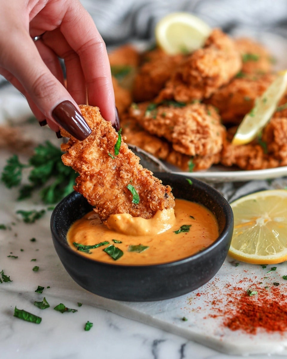 A close-up image shows a golden-brown crispy fried chicken strip being dipped into a creamy orange sauce inside a small black bowl. The chicken strip has a crunchy textured coating with an uneven surface. The bowl sits on a white marbled surface alongside scattered fresh green herbs and a small pile of red spice powder. In the background, more fried chicken pieces with a similar crispy texture are arranged on a white plate, garnished with green herbs and lemon wedges. A woman's hand with long, polished brown nails holds the chicken strip as it dips into the sauce. Photo taken with an iphone --ar 4:5 --v 7