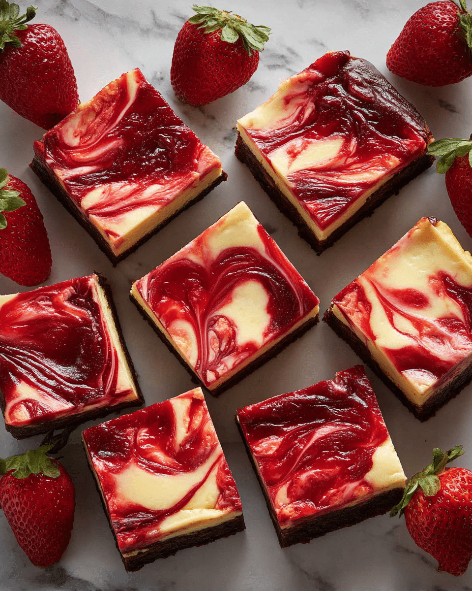 A group of nine cheesecake squares arranged closely on a white marbled surface, each square showing three visible layers: a bottom dark chocolate crust, a middle creamy pale yellow cheesecake layer, and a top red and white swirled layer with vibrant strawberry sauce and whole strawberries embedded, creating a marbled effect. Surrounding the cheesecake squares are fresh whole strawberries with green leaves, adding bright red and green color contrasts. The texture of the cheesecake tops appears smooth and glossy with thick swirls of fruit sauce. photo taken with an iphone --ar 4:5 --v 7