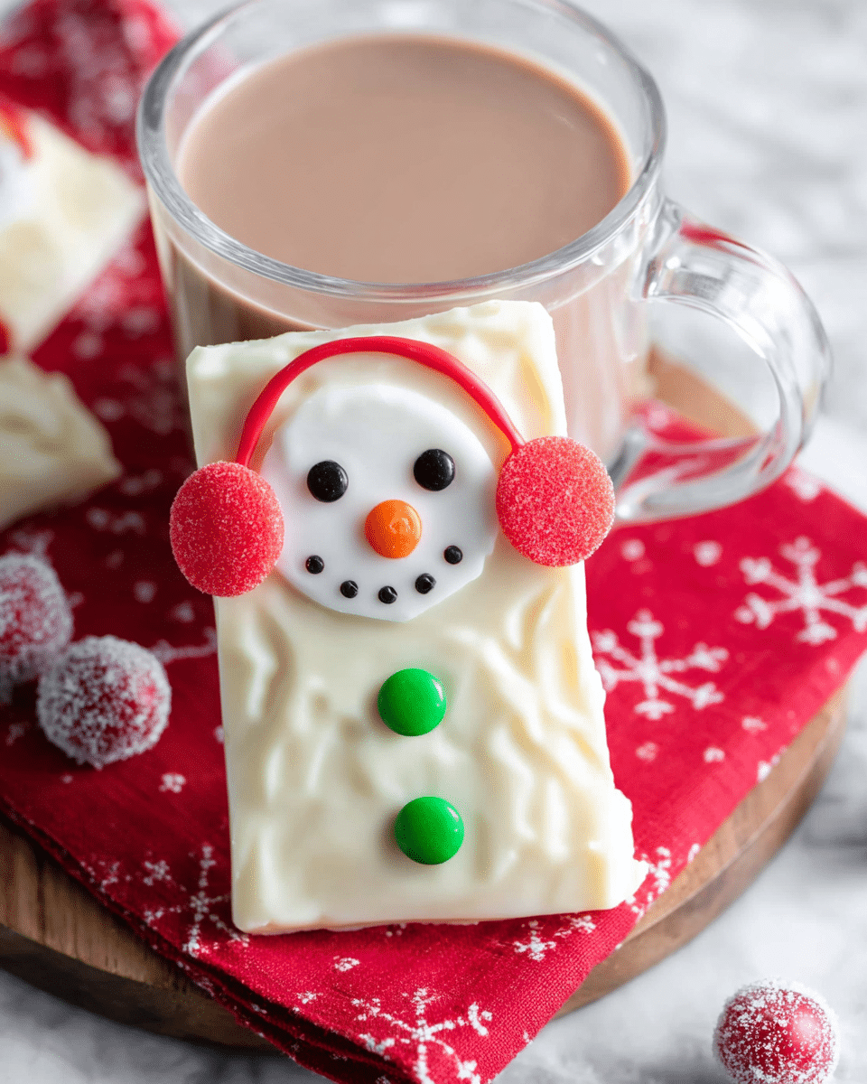 Five pieces of white chocolate bark are spread on a red cloth with white snowflakes, placed on a wood surface. Each bark has a smooth white base layer with a round white peppermint candy in the center forming a snowman's face. The face has two black candy eyes, a small orange candy nose, and five small black candy dots forming a smile. Around each peppermint’s sides are two gumdrop candies as green or pink earmuffs, connected by a red licorice strip over the top. Each bark also has two or three round red or green candies below the face as buttons. Red and green gumdrops and round red candies surround the bark on the cloth. A white bowl with colorful gumdrops sits in the upper left corner, and a glass of milk is partly visible in the top right corner. Photo taken with an iphone --ar 4:5 --v 7