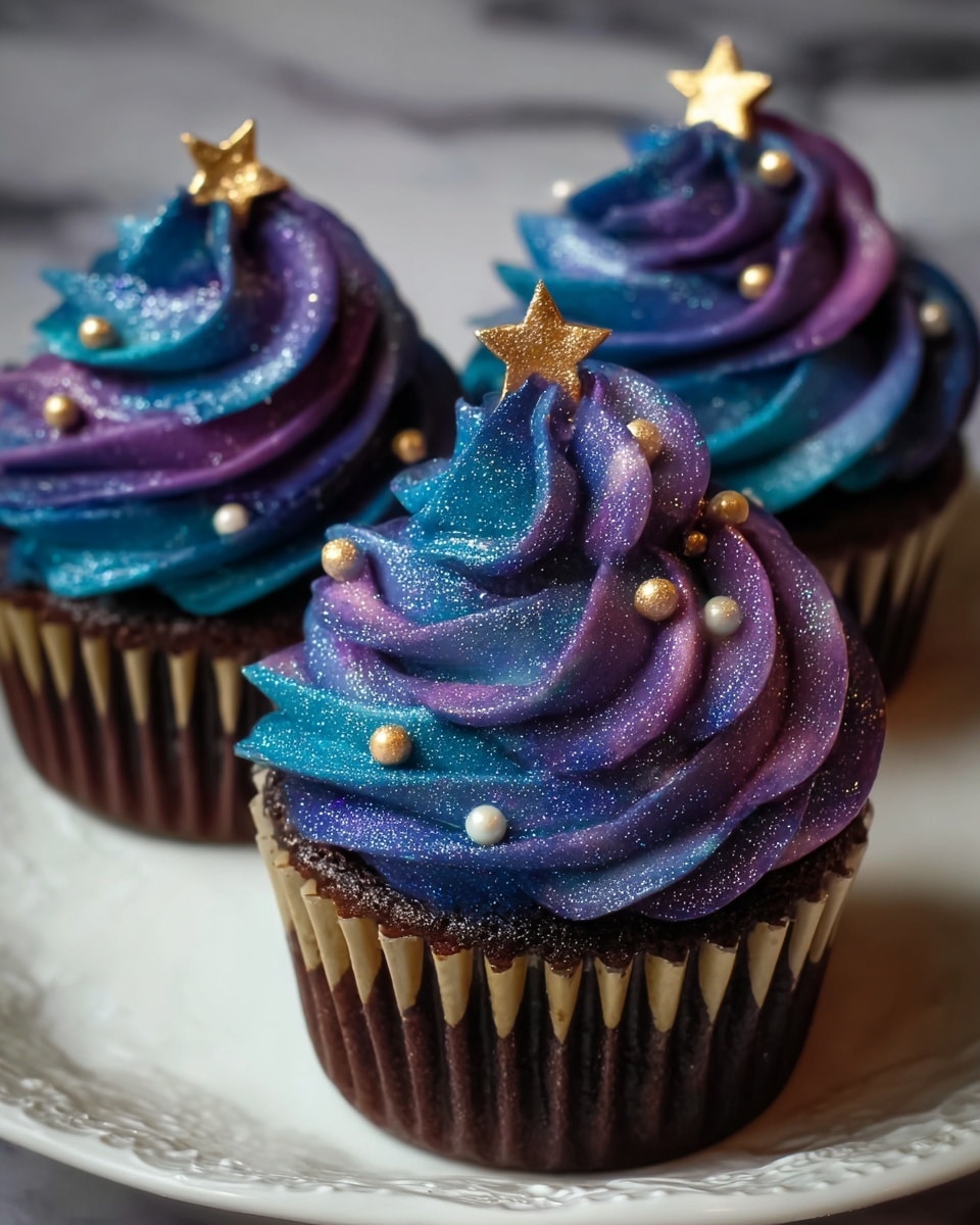 Three rich chocolate cupcakes with smooth swirls of galaxy-colored frosting in shades of deep blue, purple, and violet, sparkling with edible glitter. The frosting is piped in thick, tall layers with a star-shaped peak on top of each cupcake. Small golden star and pearl sprinkles add texture and shine, scattered evenly across the frosting. The cupcakes sit on a white plate with a delicate pattern, placed on a white marbled surface. photo taken with an iphone --ar 4:5 --v 7