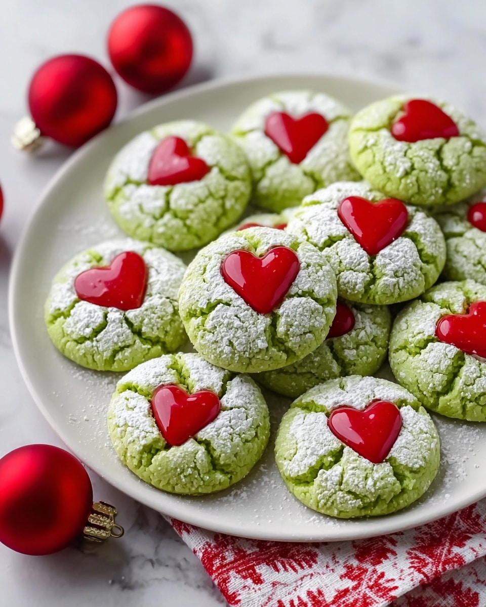 A white plate holds twelve round green cookies with a cracked texture on top. Each cookie is dusted lightly with white powdered sugar and has a shiny, smooth red heart shape placed in the center as decoration. The plate is set on a white marbled surface with a red and white patterned cloth partially visible underneath. Around the plate, some red Christmas ball ornaments add a festive feel. The lighting is bright, highlighting the fresh and colorful look of the cookies. photo taken with an iphone --ar 4:5 --v 7