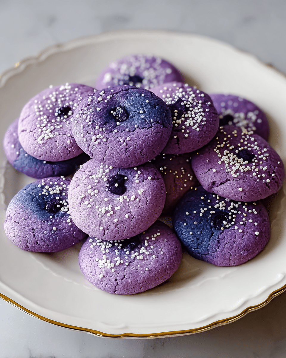A white plate with a gold edge holds a pile of round purple cookies, each cookie slightly cracked in texture with a soft matte finish. The cookies have small white sprinkles scattered evenly over their tops. Every cookie has a small dark purple spot in the center, giving a berry-like appearance. Some cookies show faint blue patches mixed with the purple color, adding visual depth. The plate is set against a white marbled texture surface. Photo taken with an iphone --ar 4:5 --v 7