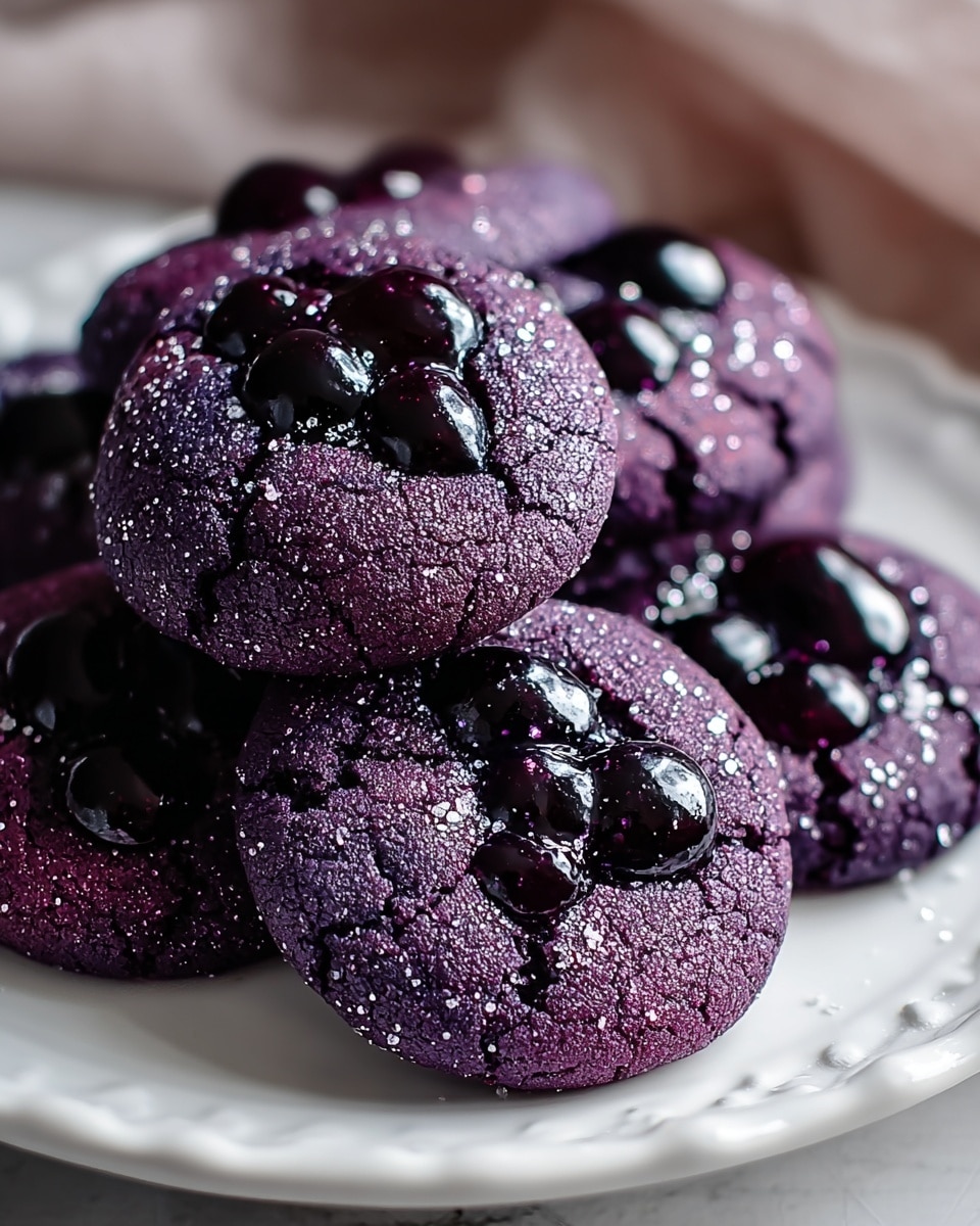 A white plate holds a stack of six deep purple cookies with cracked surfaces, each topped with a few glossy dark-purple jelly dollops. The cookies are sprinkled with small white sugar crystals that catch the light, giving a sparkling effect. The cookies are arranged close together, with some slightly overlapping on a white marbled surface in soft lighting that highlights the textures and colors of the cookies. photo taken with an iphone --ar 4:5 --v 7