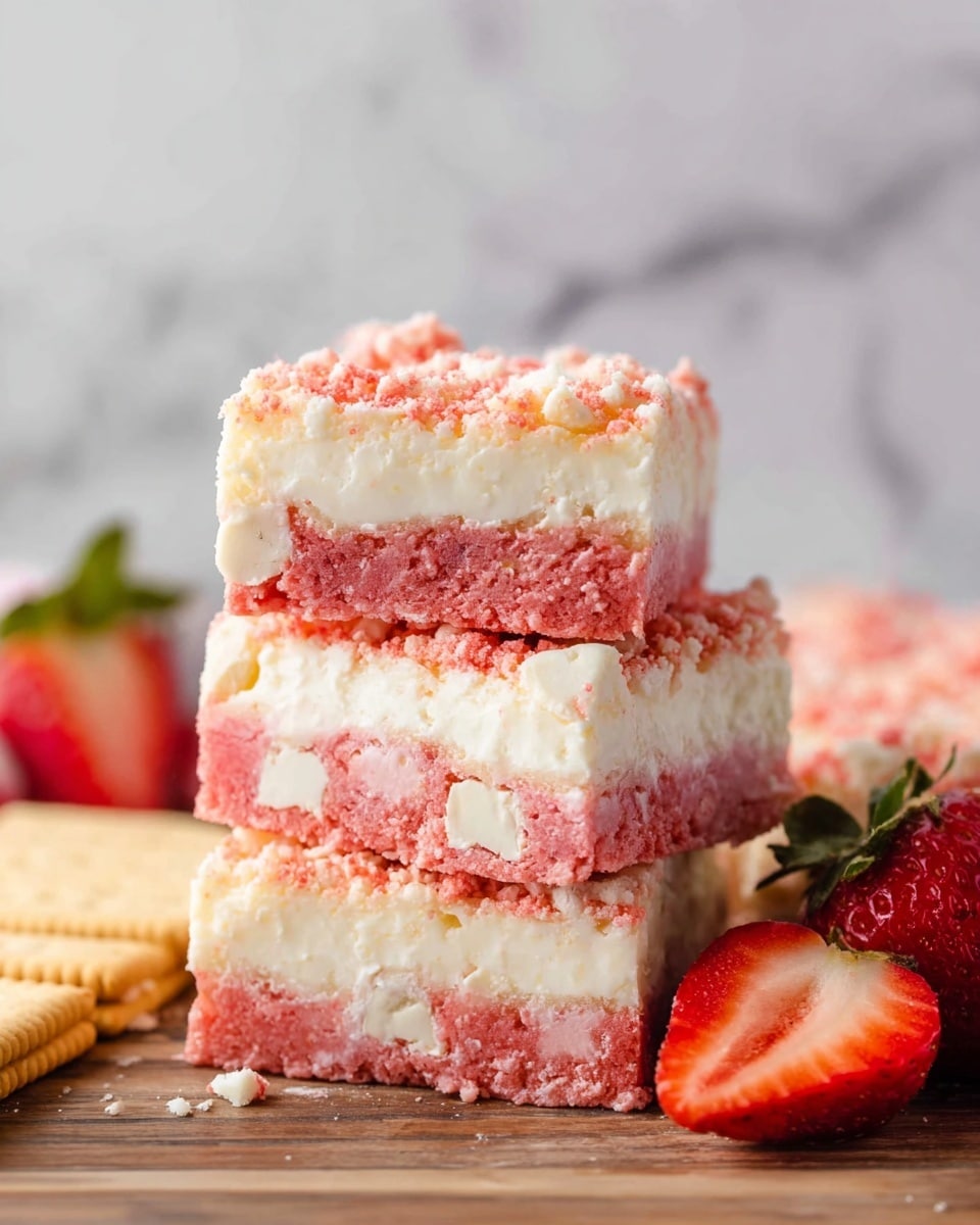 The image shows a close-up of square dessert bars with three visible layers. The bottom layer is pink with bits of white, slightly dense and textured. The middle layer is a thick, smooth white cream that looks soft and fluffy. The top layer is a crumbly, rough texture with a mix of pink and cream-colored crumbs, densely covering the surface. The bars are placed on a dark wooden surface, and a ripe red strawberry is visible at the bottom right corner. Photo taken with an iphone --ar 4:5 --v 7