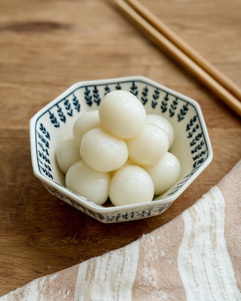 The image shows a white octagonal bowl with small blue leaf designs around the edge, filled with two layers of smooth, shiny, white round dumplings stacked on top of each other. The bowl sits on a wooden surface with a beige and white striped cloth partially visible to the right. A pair of light wooden chopsticks is placed behind the bowl. The overall look is clean and simple, with the dumplings shining softly under the light. photo taken with an iphone --ar 4:5 --v 7