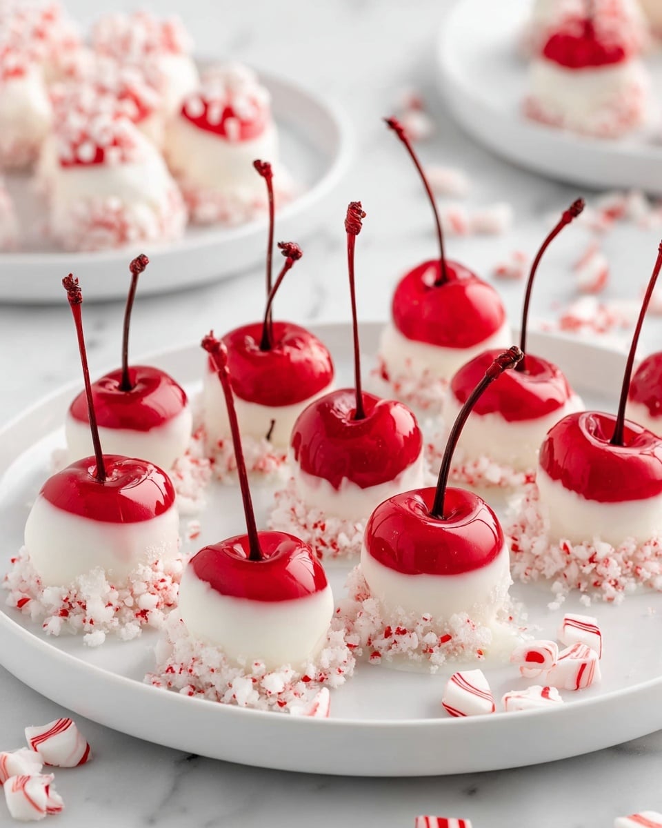 A white bowl is filled with crushed peppermint candies, which are white with red stripes and broken into small pieces. On top lies a cherry dipped halfway in white chocolate, with crushed peppermint sticking to the dipped part. Next to the cherry are two whole round peppermint candies with red and white swirled stripes. The bowl is set on a white marbled surface. Photo taken with an iphone --ar 4:5 --v 7