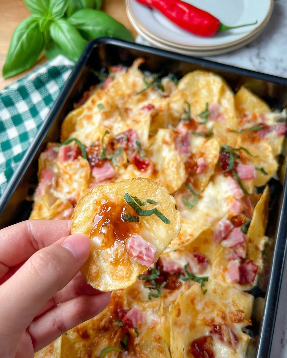 A close-up of a black rectangular tray filled with crispy potato chips layered thickly at the bottom, topped with melted creamy cheese that covers most chips, scattered pieces of pinkish ham, bright orange-brown dollops of sauce, and small green herb shreds sprinkled evenly on top. In the foreground, a woman's hand is holding a single chip with the same toppings, showing a mix of smooth, melted cheese, chewy ham, and glossy sauce all on the chip’s golden-yellow surface. The background features a white marbled texture with a small bunch of green basil leaves and a red chili pepper on a white plate with a green checkered cloth nearby. Photo taken with an iphone --ar 4:5 --v 7