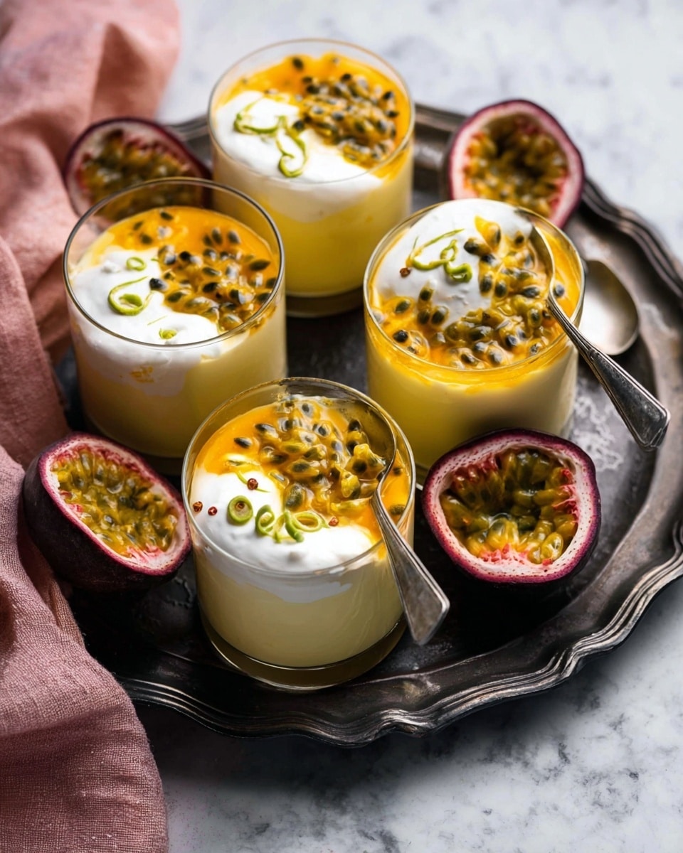 Four clear glass cups sit on a dark metal tray with a wavy edge, each filled with three layers: a bottom layer of smooth pale yellow custard, a middle layer of bright orange passion fruit pulp with black seeds, and a top layer of white whipped cream. Each cup is topped with a spiral of green lime peel and scattered passion fruit seeds, adding bright accents. Around the tray are halved passion fruits showing their golden seed filling. The tray rests on a white marbled surface with a soft light pink cloth on the side. One clear glass cup has a metal spoon digging into the custard layer. Photo taken with an iphone --ar 4:5 --v 7