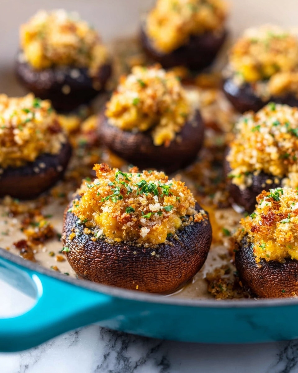 The image shows several stuffed mushrooms sitting in a deep white pan with a turquoise handle, placed on a white marbled surface. Each mushroom is dark brown and filled with a golden-yellow mixture that has a slightly chunky texture, topped with a crispy, light brown breadcrumb layer sprinkled with small green herbs. The mushrooms have a juicy, roasted look, and there are some scattered crumbs around them in the pan, adding to the texture and detail. photo taken with an iphone --ar 4:5 --v 7