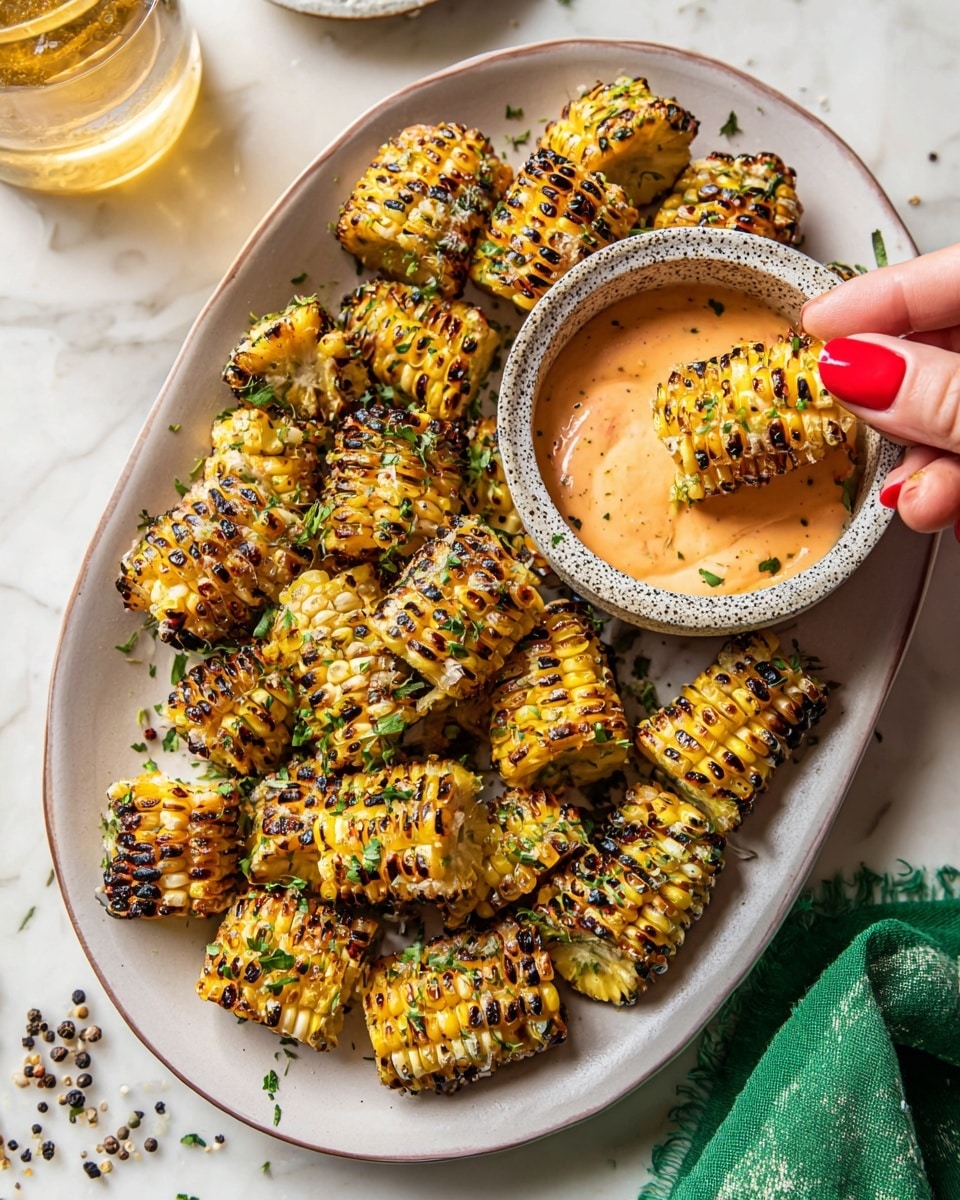 An oval white plate filled with many grilled corn pieces, each cut into small curved sections showing a mix of golden yellow kernels with charred black marks and specks of fresh green herbs sprinkled on top. In the upper right of the plate, a small round bowl created with a speckled beige texture holds a creamy orange sauce adorned with green herb bits. A woman's hand with red painted nails is dipping one corn piece into the sauce. The plate sits on a white marbled surface with black pepper flakes scattered around and a green cloth visible in the bottom right corner. Photo taken with an iphone --ar 4:5 --v 7