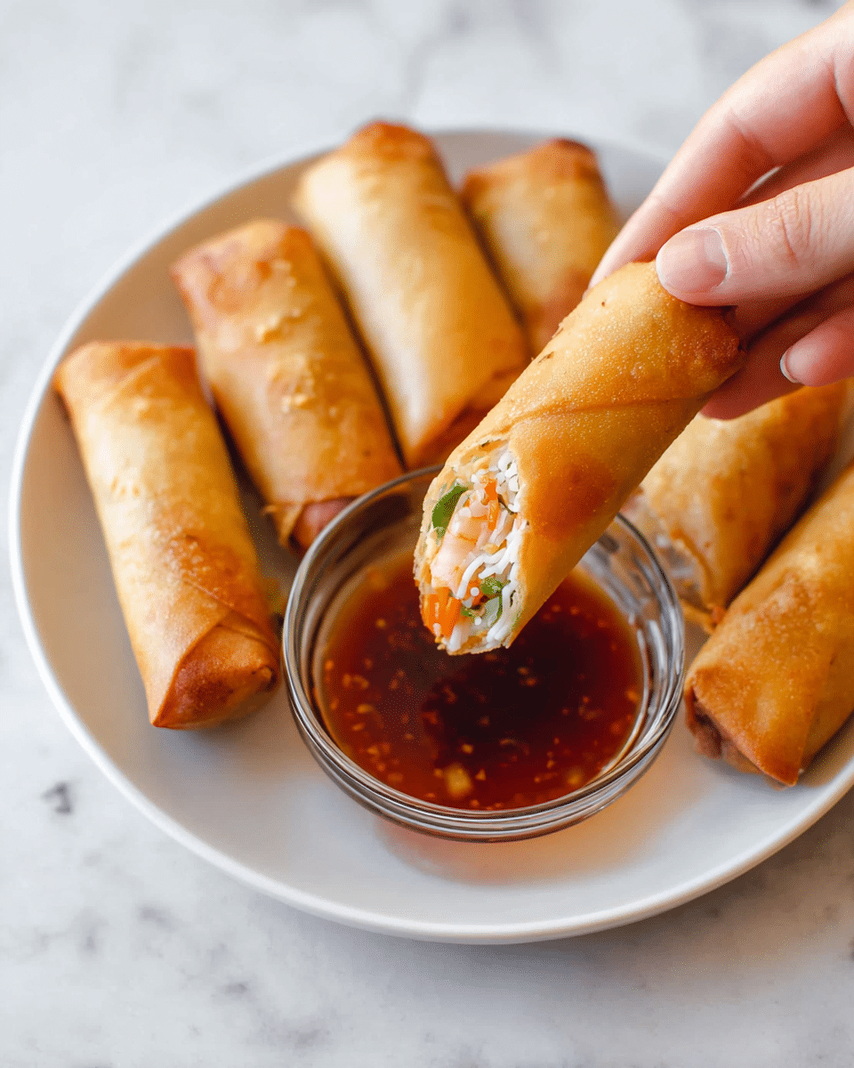 The image shows a white plate holding seven golden brown, crispy spring rolls arranged casually with some overlapping. The spring rolls have a smooth, slightly shiny surface with a few light brown spots that show their crispiness. A clear small round container with a thick dark orange dipping sauce is placed on the upper left side of the plate. The plate rests on a white marbled surface that adds subtle texture to the scene. photo taken with an iphone --ar 4:5 --v 7