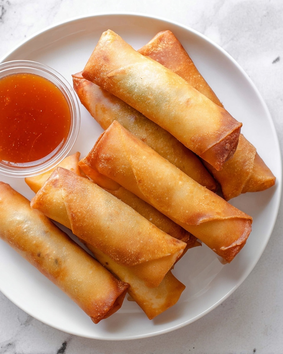 A white plate holds several golden brown spring rolls arranged closely together, each with a crisp and slightly bubbly texture on their outside. One spring roll is held by a woman's hand, showing a cross-section filled with white noodles, small carrot strips, green herbs, and bits of shrimp inside. Below, there is a small clear glass bowl filled with glossy, dark reddish-brown dipping sauce, partially covering the dipped end of the spring roll. The plate is placed on a white marbled textured surface. photo taken with an iphone --ar 4:5 --v 7