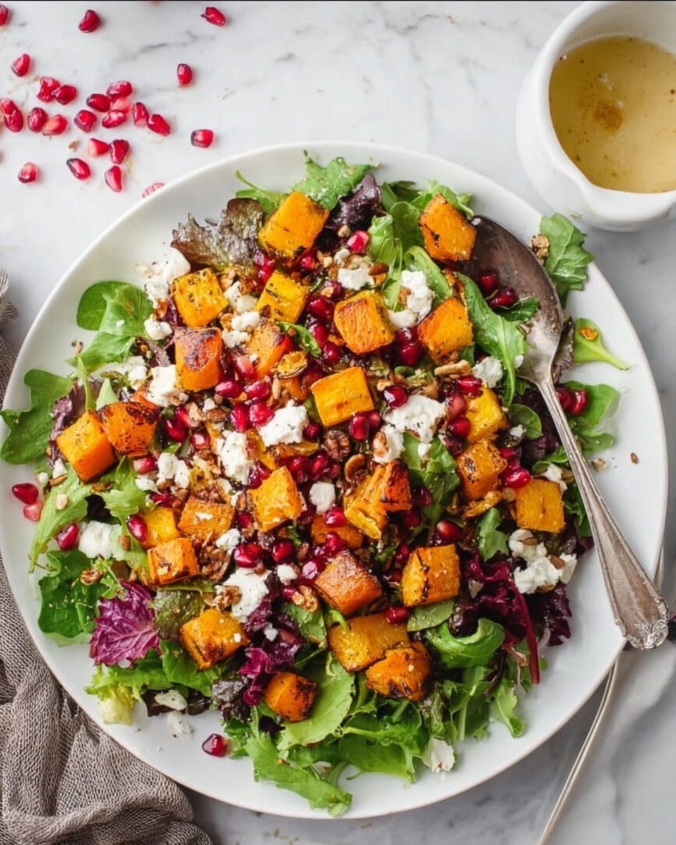 A white plate on a white marbled surface holds a colorful mixed salad composed of several layers. The base layer is fresh green and purple leafy greens, scattered unevenly across the plate. On top, there are bright orange roasted cubed squash pieces, spread evenly. Small chunks of white cheese are sprinkled around, adding a soft texture contrast. Scattered pomegranate seeds bring shiny red pops of color throughout the salad. There are also small bits of nuts or seeds visible on the salad, adding texture. A white bowl with light-colored dressing sits nearby, and a silver spoon and a woman's hand are seen at the edges. photo taken with an iphone --ar 4:5 --v 7