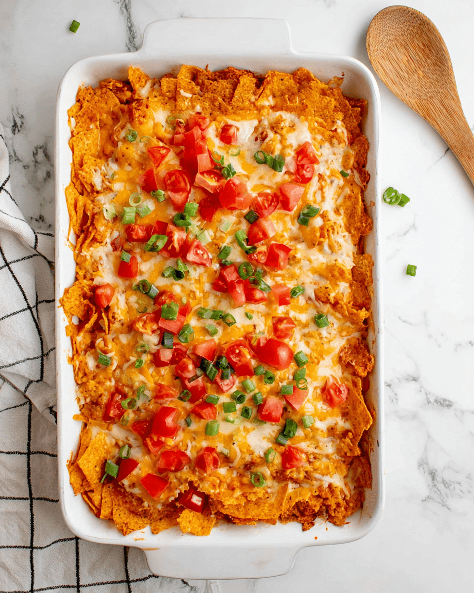 A baked casserole in a white rectangular dish is shown with a top layer of melted golden and white cheese, crispy orange-colored corn chips, and sprinkled with chopped bright red tomatoes and green onion slices. The cheese is melted unevenly creating patches of white and yellow, while the corn chips add a crunchy texture beneath. The dish sits on a white marbled surface with a corner of a white cloth with black grid lines and a wooden spoon visible to the side. photo taken with an iphone --ar 4:5 --v 7