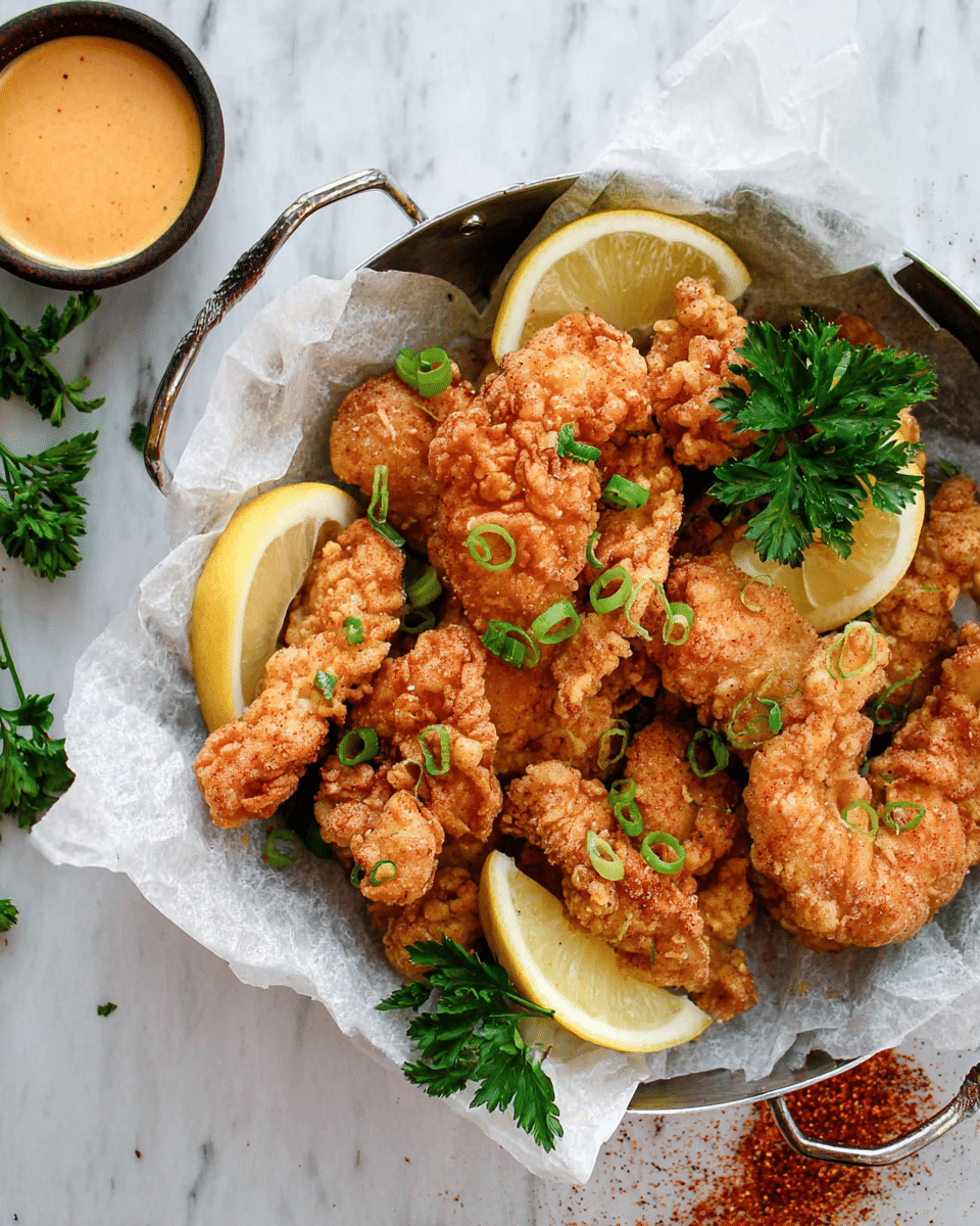 A round white tray lined with white parchment paper holds a pile of golden-brown crispy fried chicken tenders, each piece showing a crunchy bumpy texture with small green chopped onions sprinkled on top. Lemon wedges are placed around the chicken, adding bright yellow and light green colors. Fresh green parsley leaves are scattered over and beside the chicken, adding a fresh look. To the top left in the tray, a small dark bowl contains a creamy orange dipping sauce. The tray handles are visible on the sides, and the surface beneath has a white marbled texture with some parsley sprigs and a small pile of red spice on the right side. photo taken with an iphone --ar 4:5 --v 7