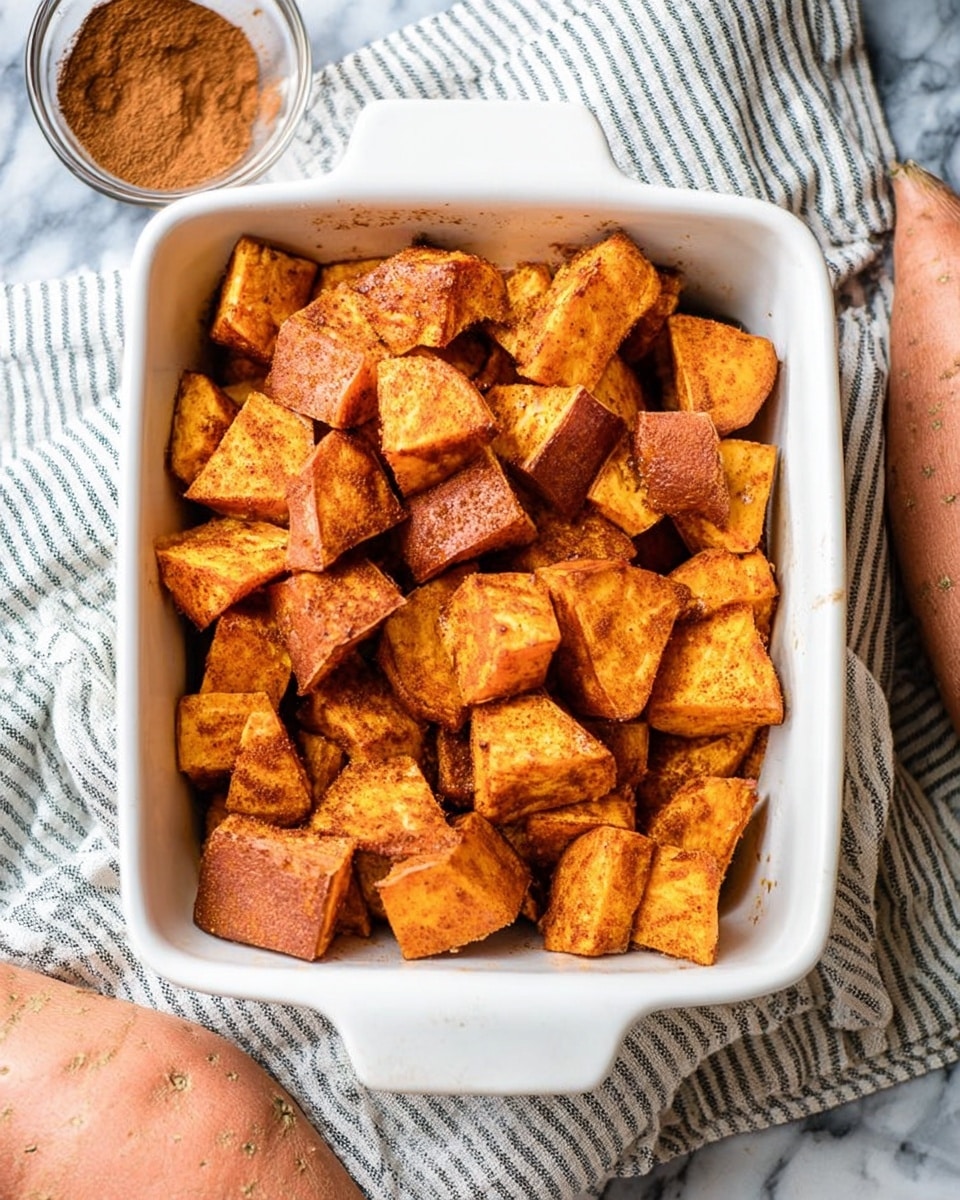 A white square baking dish filled with golden-brown roasted sweet potato cubes, each piece showing a slightly crispy texture and dusted with a light layer of cinnamon or spice. The dish sits on a striped cloth over a white marbled surface, with a raw sweet potato partially visible at the bottom left and a small glass bowl of brown cinnamon powder at the top right. The overall look is warm and rustic, highlighting the roasted dish's rich orange and brown tones. photo taken with an iphone --ar 4:5 --v 7