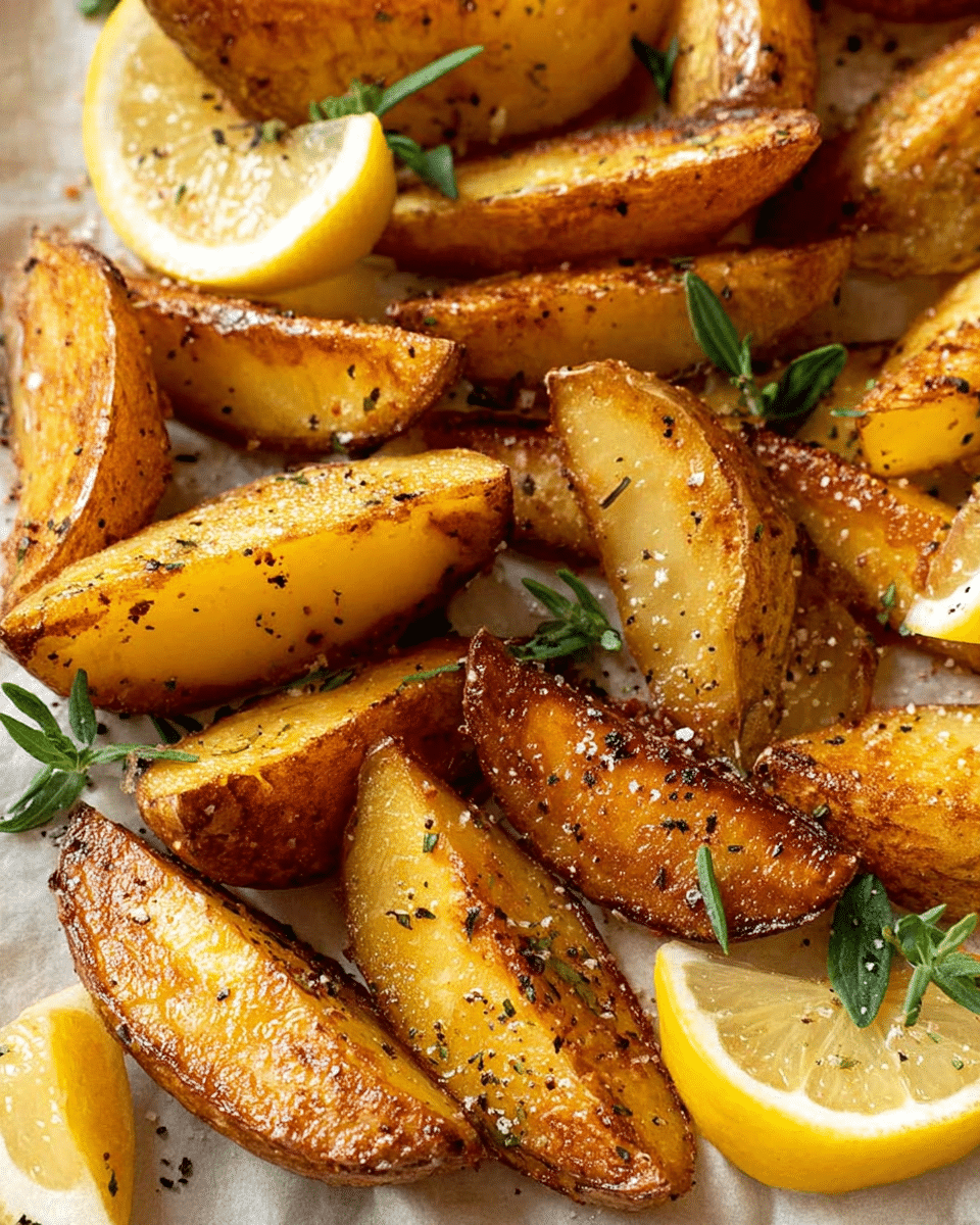 The image shows a close-up of thick golden-brown potato wedges with a crispy texture, scattered on a light background that looks like parchment paper. Each wedge is unevenly browned, showing a mix of smooth and slightly rough textures with some visible seasoning like salt crystals and black pepper. There are bright green fresh herb leaves placed around the wedges and lemon wedges with shiny yellow skin and juicy interiors arranged among the potatoes. The colors are warm and earthy with bright pops from the herbs and lemon, creating a fresh and appetizing look. photo taken with an iphone --ar 4:5 --v 7