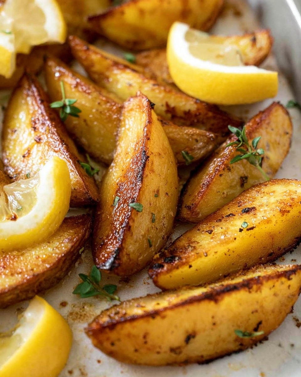The image shows thick, golden brown potato wedges with crispy, slightly charred edges arranged in a single layer on a white marbled surface. The wedges have a glossy, cooked texture and are scattered with a few small green herb leaves. Bright yellow lemon wedges are placed around and on top of the potatoes, adding a fresh contrast in color. The scene is close-up, highlighting the crispy skin and juicy interior of the potato wedges. photo taken with an iphone --ar 4:5 --v 7