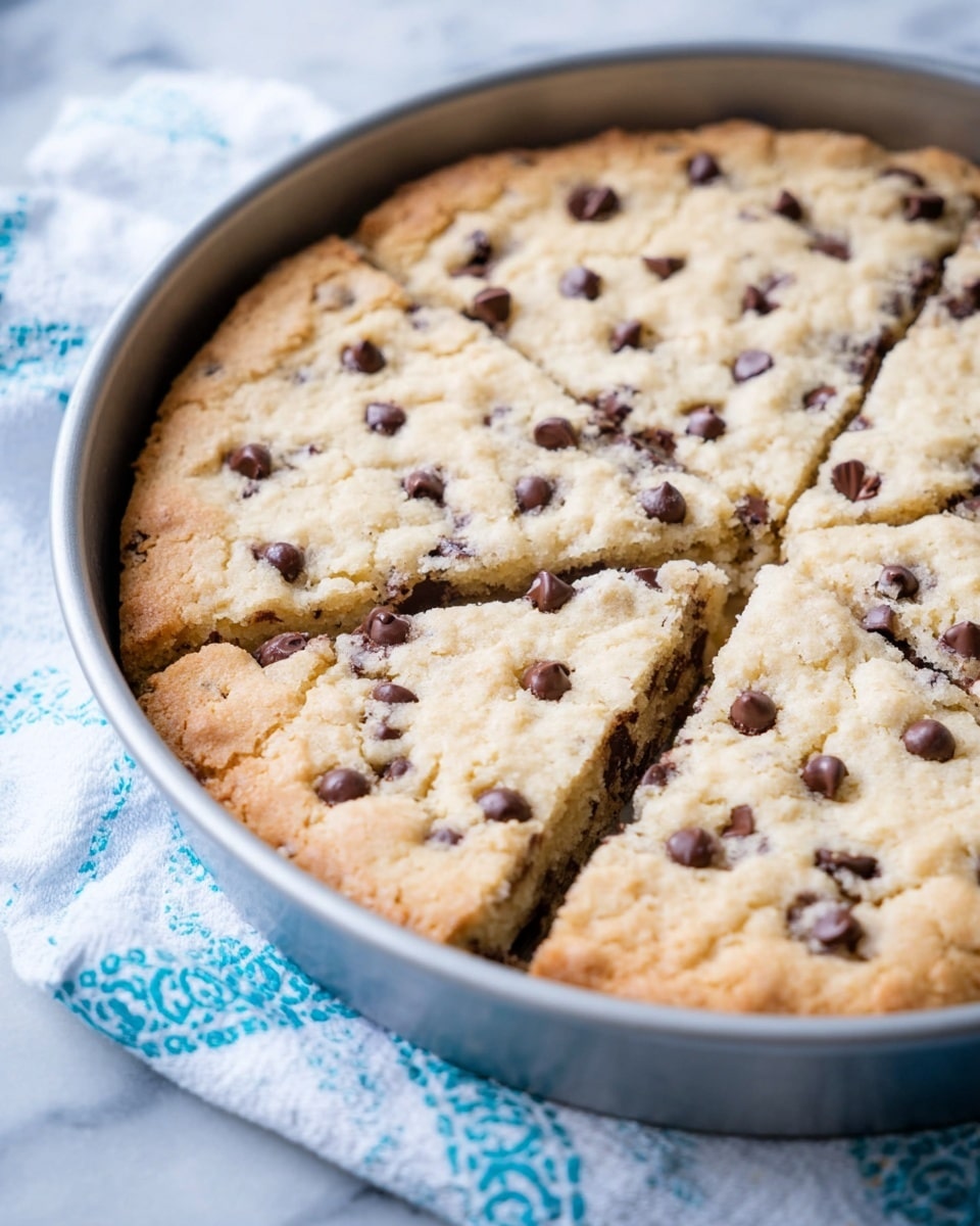 A large round chocolate chip cookie cake has been cut into slices. The top layer is a golden brown color with a soft, slightly crumbly texture, dotted with melted dark brown chocolate chips scattered evenly throughout. The cake is in a round silver baking pan, placed on a white marbled surface with a cloth showing blue and green patterns underneath. The slice cuts slightly reveal the thick, dense cookie texture inside with chocolate chips embedded through the layers. Photo taken with an iphone --ar 4:5 --v 7