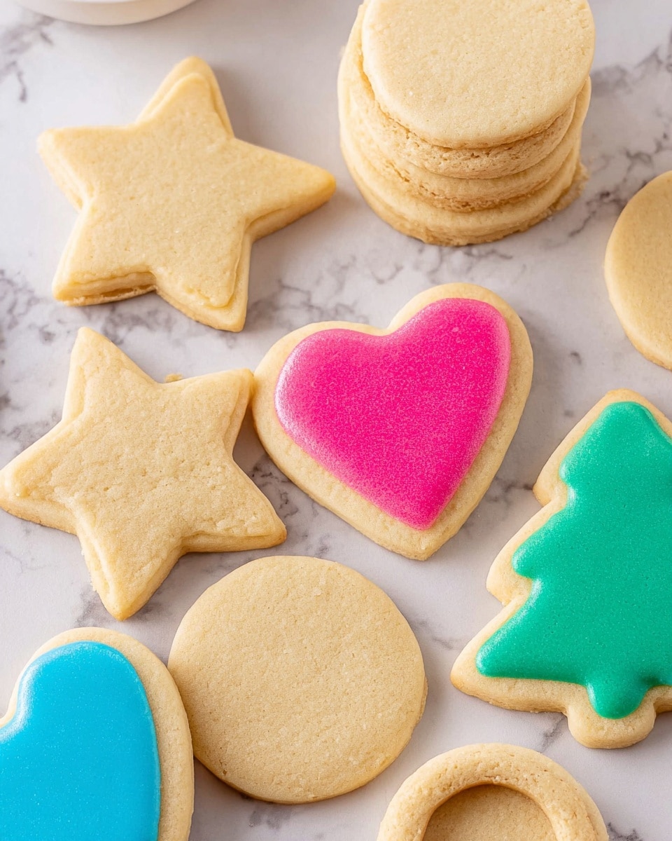 This image shows several sugar cookies on a white marbled surface, with different shapes including stars, circles, hearts, and a Christmas tree. Some cookies are plain with a light golden tan color and a smooth, slightly grainy texture. A few hearts have one layer with shiny icing on top in bright pink and blue colors, and the Christmas tree cookie is covered in smooth green icing. The cookies have clean edges and are stacked in small piles, with the plain star and circle shapes having two or three layers each. The overall look is simple and fresh. photo taken with an iphone --ar 4:5 --v 7