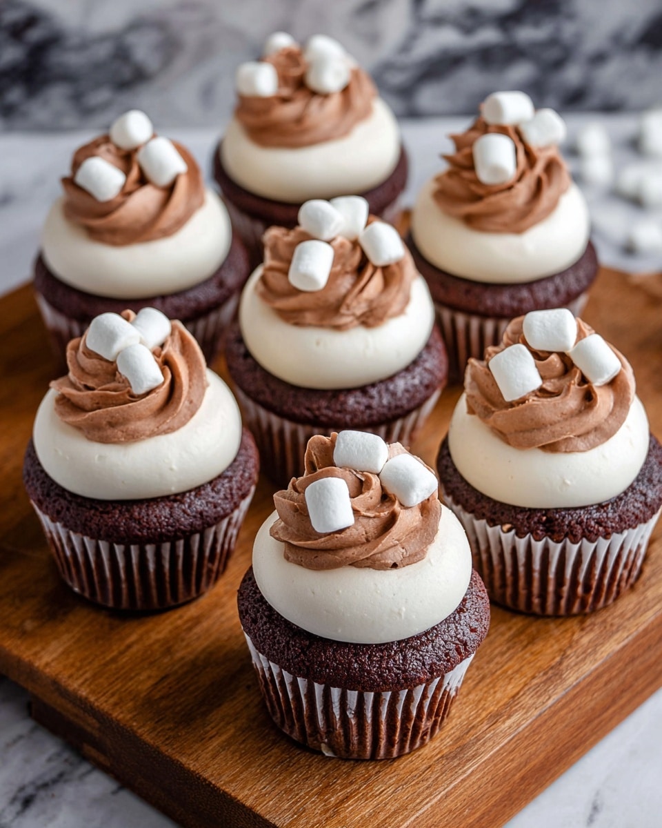 The image shows a set of eight chocolate cupcakes arranged in two neat rows on a wooden board. Each cupcake has two layers of frosting: a smooth, thick layer of white cream at the bottom that covers the entire top of the cupcake, and a smaller swirl of light brown frosting on top center, decorated with three to four small white mini marshmallows. The cupcake wrappers are white with visible ridges, and the background features a white marbled texture. photo taken with an iphone --ar 4:5 --v 7