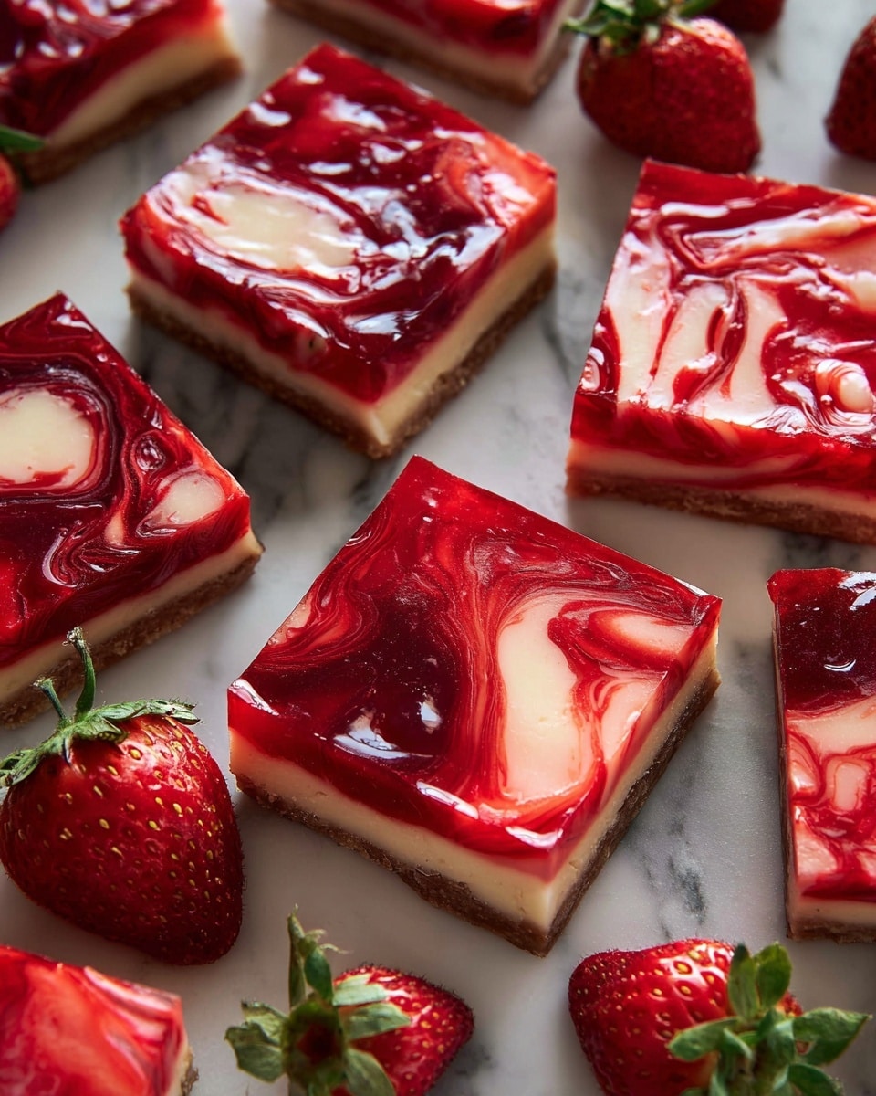 The image shows several square pieces of a dessert with three visible layers: a thin, light brown base layer, a creamy white middle layer, and a glossy, swirled top layer in bright red and white colors with a jelly-like texture. The top layer has a marbled pattern, blending smooth red and white shades, creating a shiny and rich look. Around the dessert squares, there are whole fresh strawberries with red skin and green leaves, placed on a surface with a white marbled texture. Photo taken with an iphone --ar 4:5 --v 7