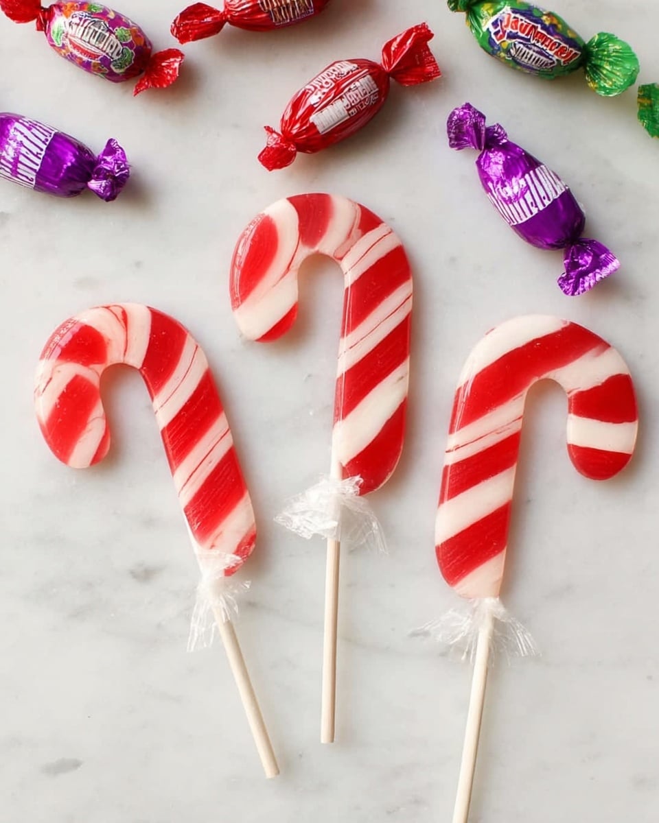 The image shows three candy cane-shaped lollipops with alternating red and white stripes, each with a stick attached at the bottom center. The lollipops have a smooth, slightly shiny texture, and their stripes are evenly spaced. They are placed on a white marbled surface arranged loosely in a horizontal line. Around the lollipops, there are six wrapped candies in various colors such as red, purple, and green, scattered randomly on the surface. The overall scene is bright and festive. photo taken with an iphone --ar 4:5 --v 7