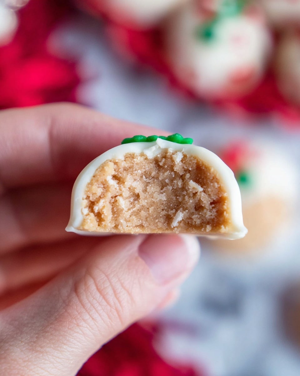 A close-up of a small cookie cut in half, held between the fingers of a woman's hand. The cookie has two main layers: a light brown, soft-looking inner dough layer with a slightly crumbly texture, and a white outer coating that looks smooth and creamy, covering the sides and part of the top. On the edge of the white coating, there is a tiny green decoration. The background shows blurred shapes of red and white, creating a festive feel, all set on a white marbled texture. photo taken with an iphone --ar 4:5 --v 7