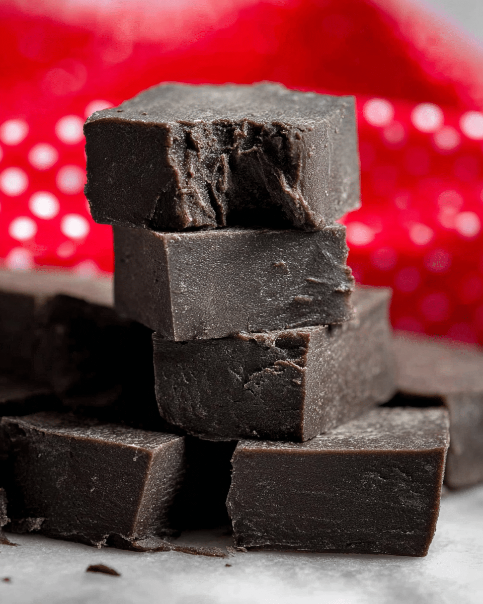 The image shows a close-up view of a stack of five dark gray fudge squares with a smooth, soft texture and dense appearance. The top fudge piece has a bite taken out of one corner, revealing a slightly crumbly inside with fine cracks. The fudges are stacked unevenly, creating a layered tower effect on a white marbled surface with a blurry red cloth featuring white polka dots in the background. The lighting highlights the fudges' matte finish and subtle texture details. Photo taken with an iphone --ar 4:5 --v 7