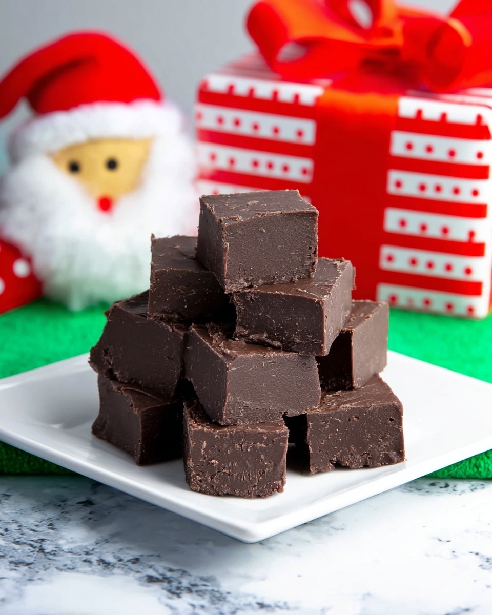 A stack of nine rich, dark chocolate fudge squares arranged in a loose pyramid shape on a white square plate sits on a white marbled surface with a green cloth underneath. The fudge has a smooth and dense texture with slight cracks and faint swirl patterns on the top edges. In the background, there is a red and white striped gift box with white polka dots and a bright red ribbon bow, next to a fluffy Santa decoration with a white beard, red nose, and black eyes. Photo taken with an iphone --ar 4:5 --v 7
