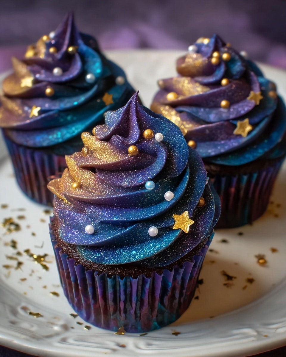 A close-up of three chocolate cupcakes with thick swirls of galaxy-themed frosting on top, featuring deep blue, purple, and shimmering gold colors blended smoothly in each curve. The frosting is decorated with tiny gold and white star-shaped sprinkles scattered evenly, giving a sparkling night sky effect. The cupcake wrappers have a dark blue-purple tint, complementing the frosted colors. They sit on a white plate with subtle embossed details, placed on a white marbled textured surface with hints of scattered gold sprinkles around. photo taken with an iphone --ar 4:5 --v 7