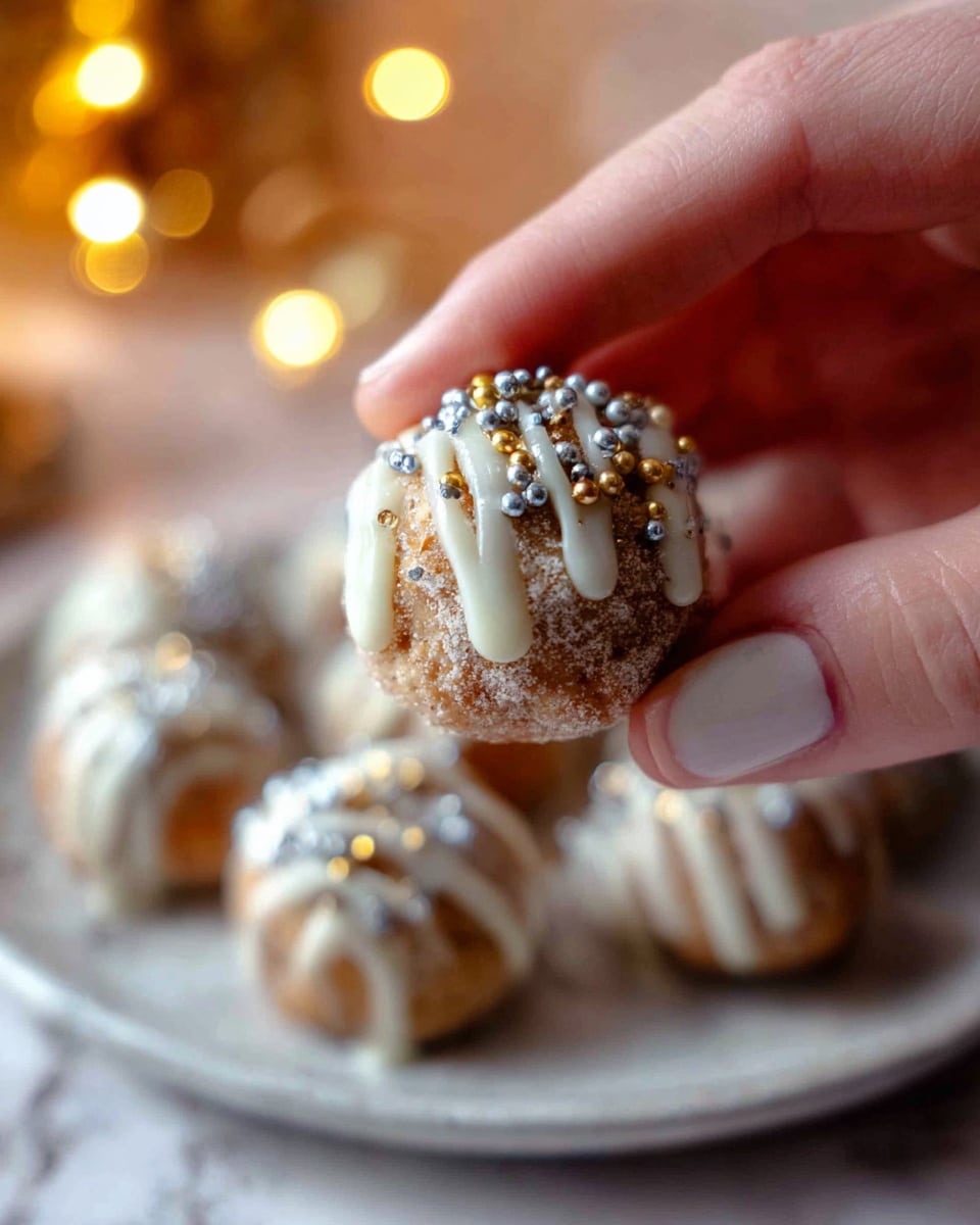 A close-up of a small round dessert ball with a light brown base covered in a fine powder or crumbs. It is topped with white drizzle that looks like icing, and decorated with small round metallic sprinkles in gold and silver colors scattered on top. The dessert is held delicately between a woman's thumb and forefinger. Several similar dessert balls are visible on a white plate below, placed on a surface with a white marbled texture. The background has warm, soft lights creating a cozy feel. photo taken with an iphone --ar 4:5 --v 7