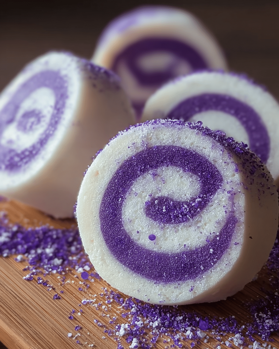 The image shows four round swirl rolls placed closely together on a wooden surface, each roll having two layers: an outer smooth white layer and an inner bright purple layer that spirals from the center outward. The purple layer appears slightly grainy and sparkly, with some purple powder and white powdered sugar sprinkled on top of the rolls and on the wooden surface around them. The rolls are thick and cylindrical, with a soft texture suggested by their edges and the powder falling off slightly. photo taken with an iphone --ar 4:5 --v 7