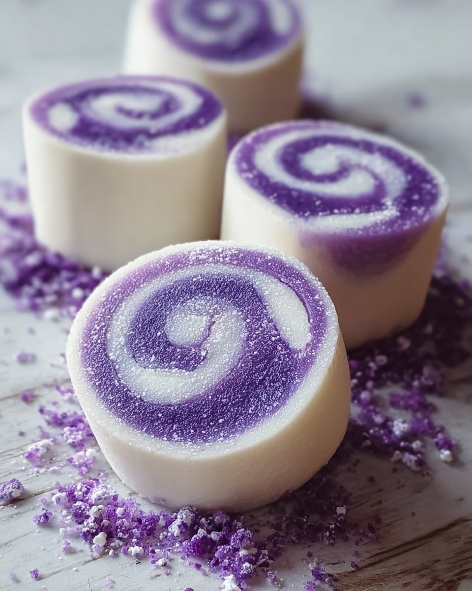The image shows four pieces of spiral-shaped dessert rolls arranged on a surface with a white marbled texture replacing the original. Each roll has two clear layers: a smooth, bright white outer layer and a vibrant purple inner layer that is slightly textured and swirled into the white in a spiral pattern. The tops of the rolls have a light dusting of white powder mixed with some purple crumbs, adding a speckled effect. The close-up shot emphasizes the round shapes and the glossy, smooth textures of the rolls, with some scattered powder around them. Photo taken with an iphone --ar 4:5 --v 7