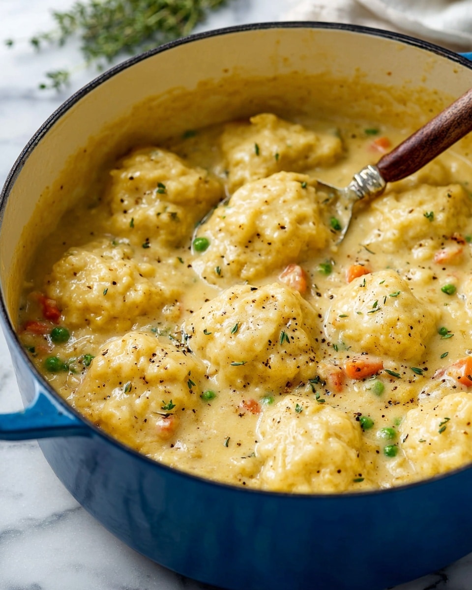 A large blue pot filled with a creamy, thick stew containing about ten fluffy, golden-yellow dumplings on top. The stew has visible small pieces of orange carrots, green peas, and brown bits of meat mixed in a smooth light yellow sauce, sprinkled with black pepper and small green herb leaves. A silver spoon with a wooden handle is partially submerged into the stew on the right side of the pot. The pot rests on a white marbled surface with some green herb sprigs blurred in the background. Photo taken with an iphone --ar 4:5 --v 7