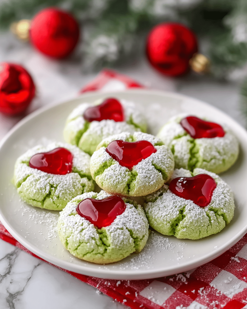 A white plate holds eight green round cookies with cracks, each cookie dusted with white powdered sugar in small patches around the top. In the center of every cookie, a shiny, thick red heart-shaped jelly or glaze sits prominently, contrasting with the light green base. The plate rests on a red and white checkered cloth over a white marbled surface, with blurred red Christmas ornaments and green pine branches in the soft background. photo taken with an iphone --ar 4:5 --v 7