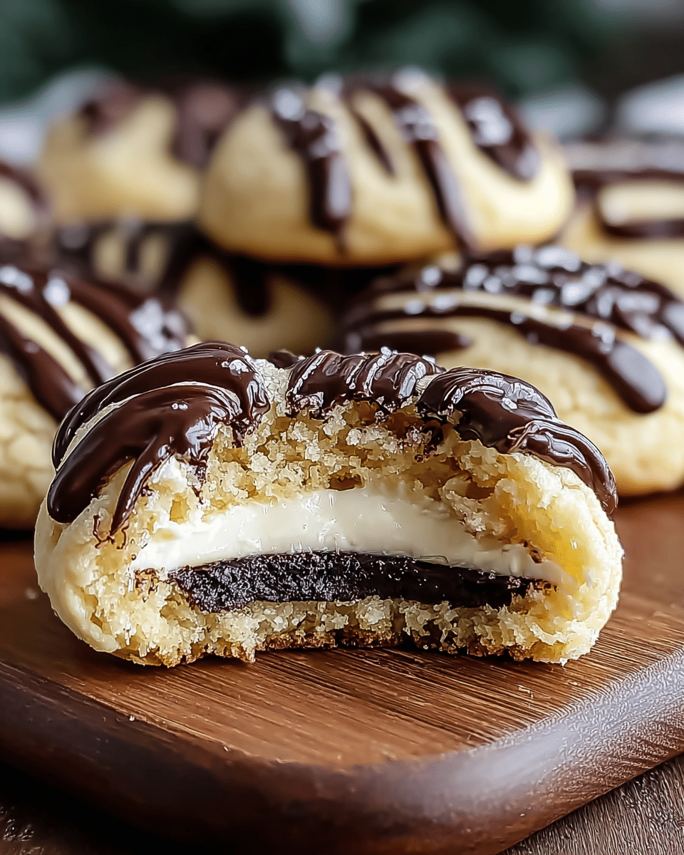 The image shows a close-up view of a soft cookie broken in half, revealing three layers: a thin dark chocolate layer at the bottom, a thick creamy white filling in the middle, and a light golden cookie dough outer layer with a crumbly texture on top. The cookie sits on a wooden board with more whole cookies in the blurred background, all topped with smooth lines of dark chocolate drizzled across the top. The rich chocolate shine contrasts with the soft crumbly light dough and the creamy interior, all captured with sharp focus on the broken cookie. Photo taken with an iphone --ar 4:5 --v 7